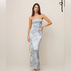 blue and white Frankie silk reformation dress